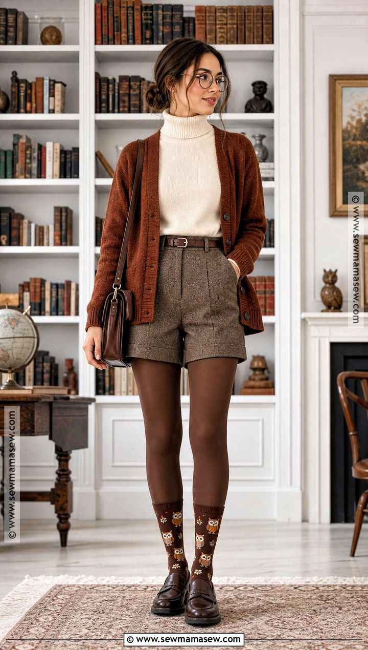 Owl Halloween Socks With Tweed Shorts Outfit - 30 Halloween Socks Ideas