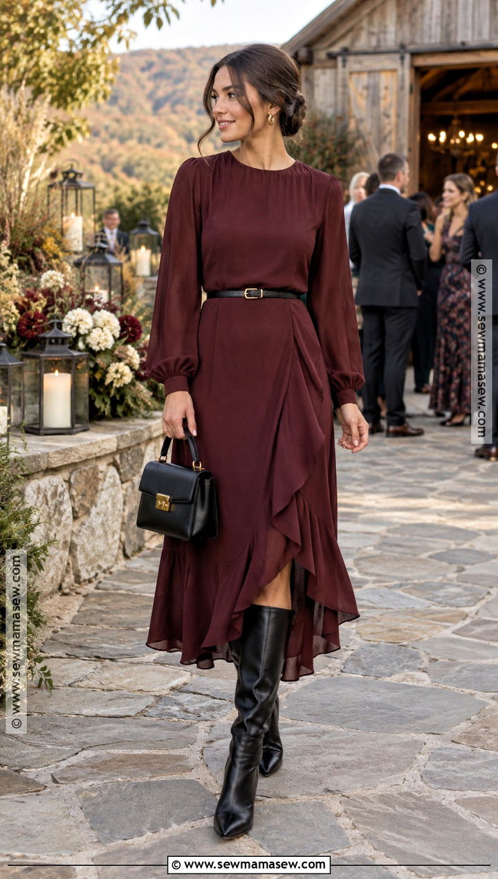 Oxblood Belted Fall Wedding Guest Dress - 15 fall wedding guest dress edgy ideas