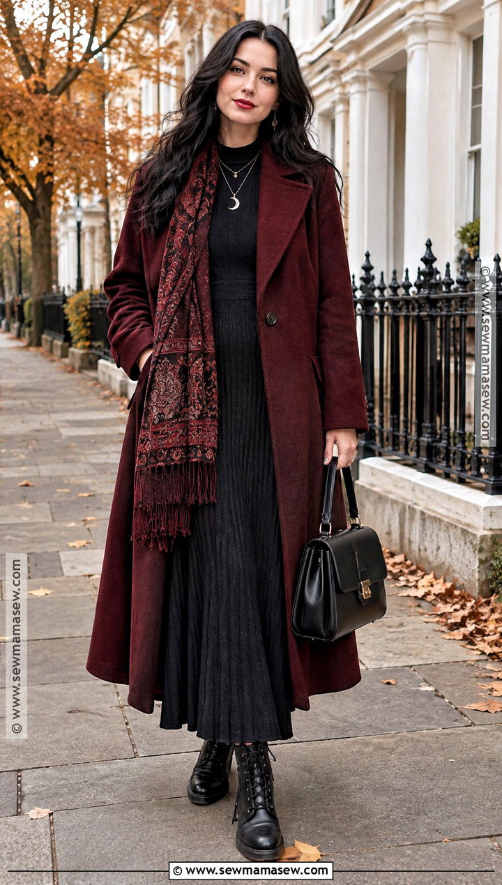 Oxblood Coat and Black Maxi Dress Whimsigoth Fall Outfit - 25 whimsigoth fall outfits
