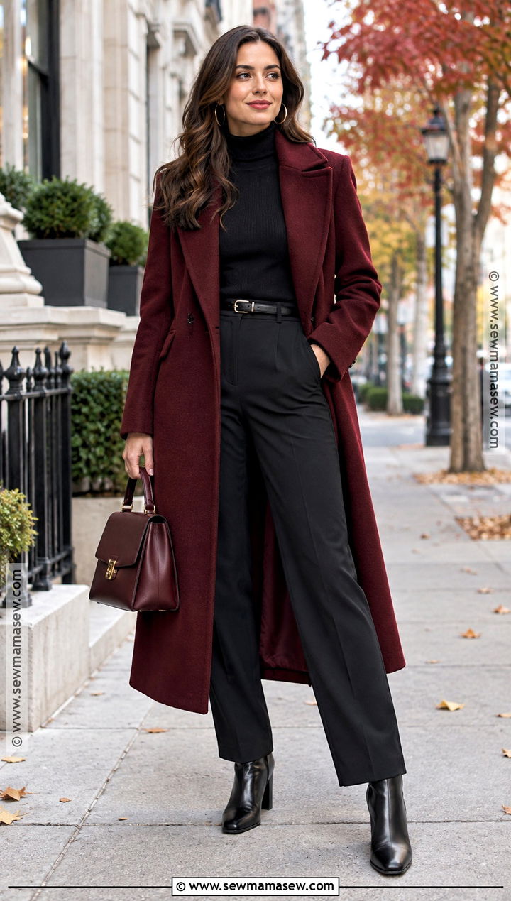 Oxblood Coat and Black Trousers Outfit - 15 fashion colors fall ideas 2026