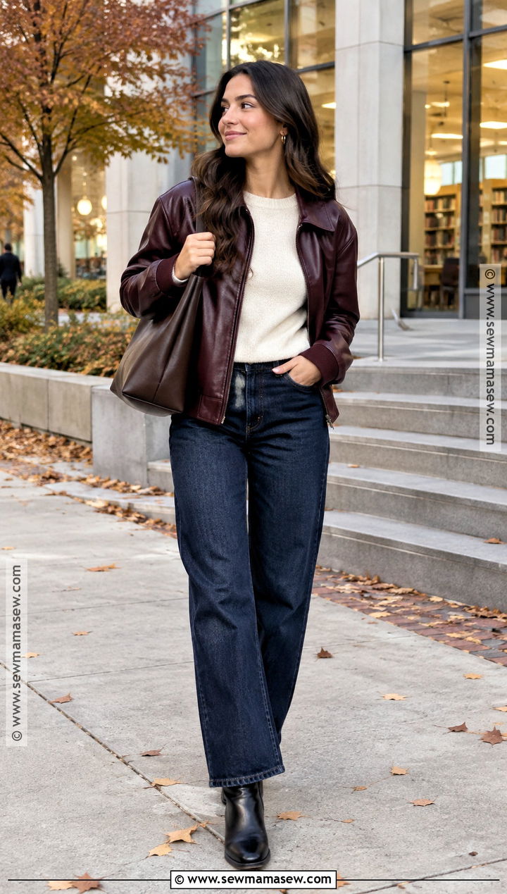 Oxblood Leather Jacket And Dark Denim College Outfit - 15 fall 2026 fashion trends college