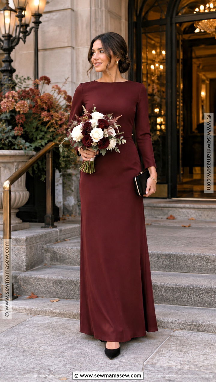Oxblood Long Sleeve Bridesmaid Dress With Black Pumps - 15 Moody Fall Bridesmaid Dresses