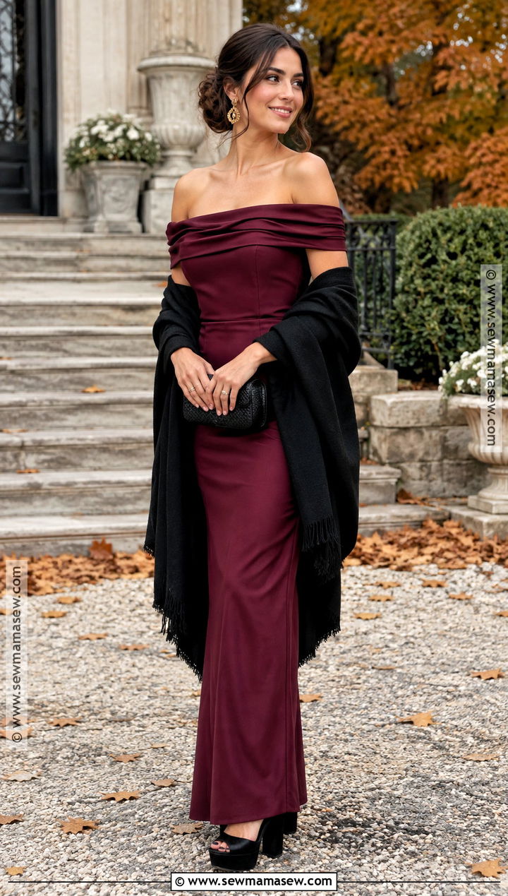 Oxblood Off Shoulder Maxi Fall Outdoor Wedding Guest Dress - 20 fall outdoor wedding guest dress ideas