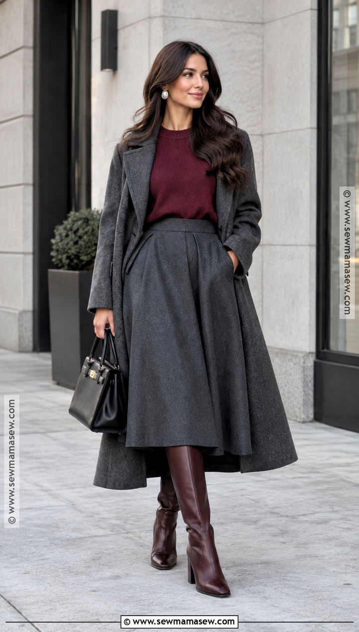 Oxblood Sweater And Gray Skirt Outfit - 15 fashion colors fall winter ideas 2026
