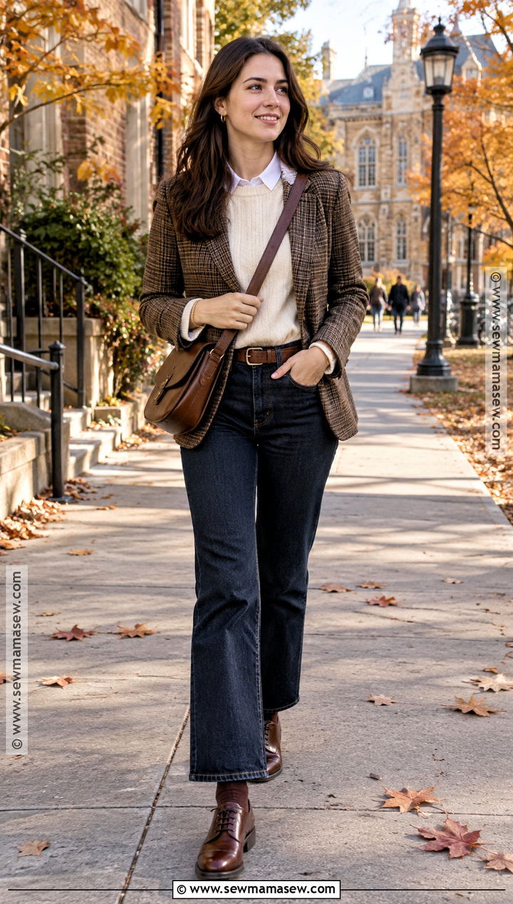 Oxford Flats With Jeans And A Plaid Blazer - 15 fall flat shoes for women