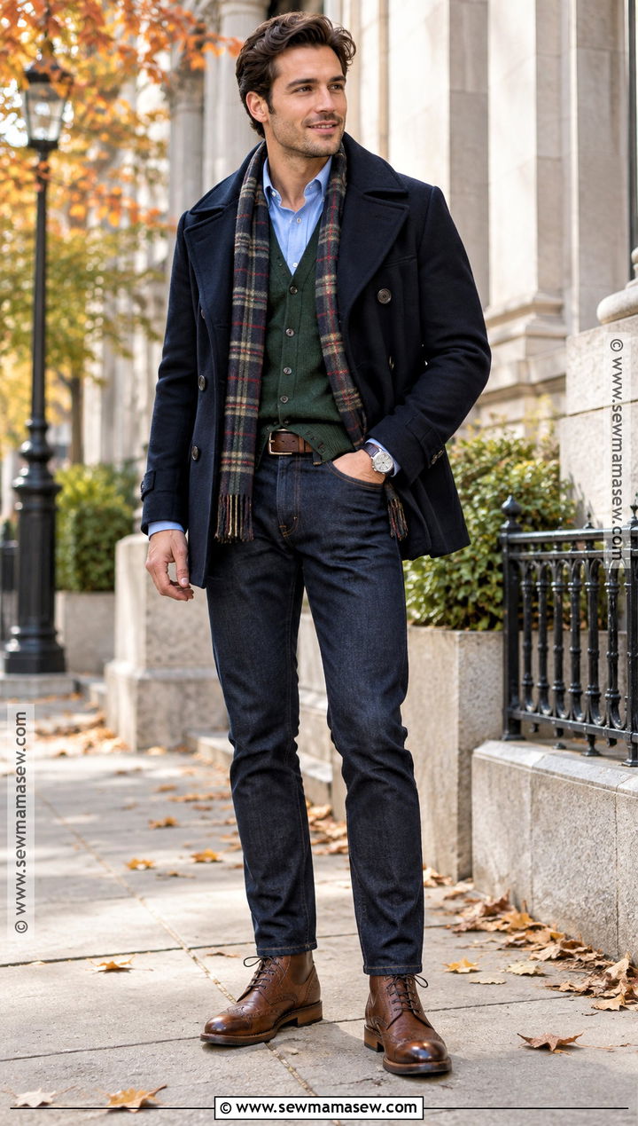 Oxford Shirt Cardigan and Peacoat Fall Outfit - 15 fall layering outfits for men