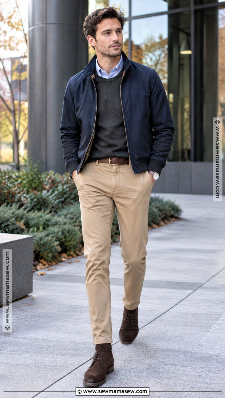 Oxford Shirt Crewneck Sweater and Harrington Jacket Fall Outfit - 15 fall layering outfits for men