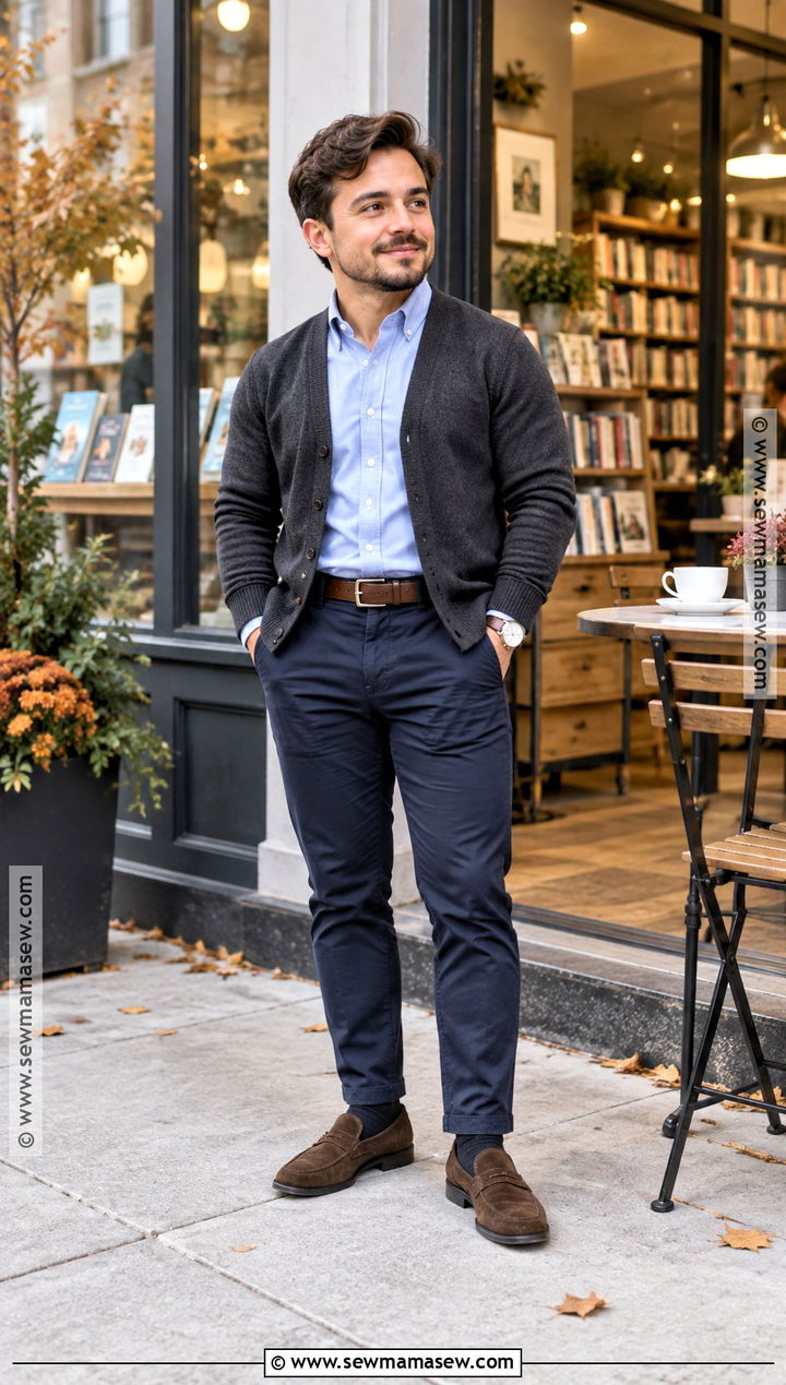 Oxford Shirt With Cardigan And Chinos - 15 fall outfits for short for men