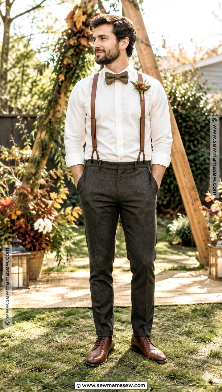 Oxford Shirt With Suspenders And Wool Trousers - 15 casual fall wedding groom attire ideas