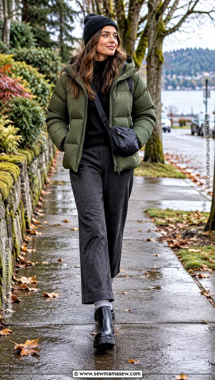 Pacific Northwest Puffer Jacket Outfit With Knit Pants - 15 fall outfits pacific northwest