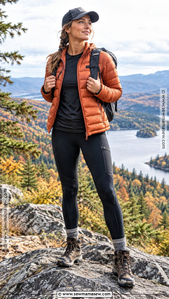 Packable Puffer And Hiking Tights Fall Camping Outfit - 25 fall camping outfits