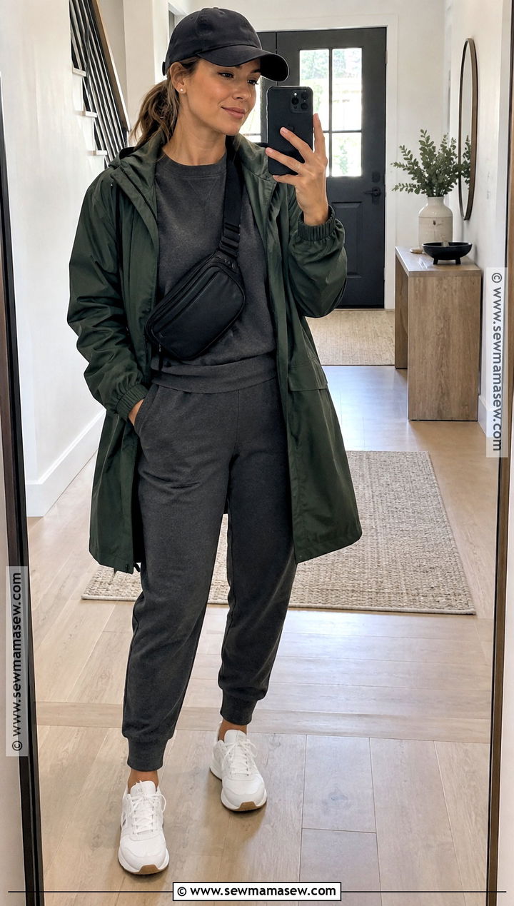 Packable Raincoat With Matching Sweats And Waterproof Sneakers - 15 fall outfits for rainy days
