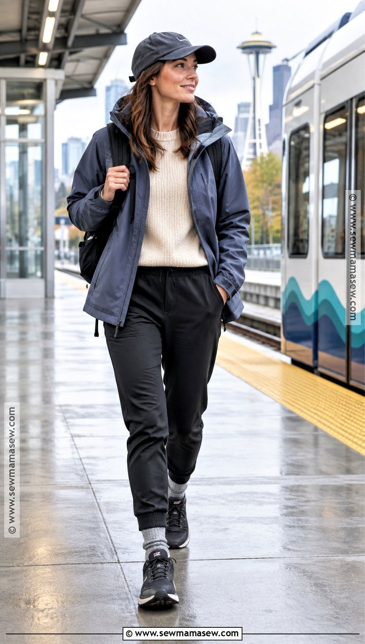 Packable Shell Merino Sweater And Joggers Seattle Fall Outfit - 20 Fall Seattle Outfits