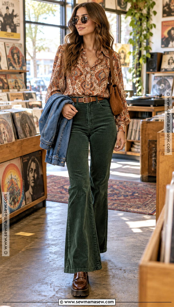 Paisley Blouse And Flared Corduroy Pants Autumn Hippie Outfit - 20 autumn hippie outfits