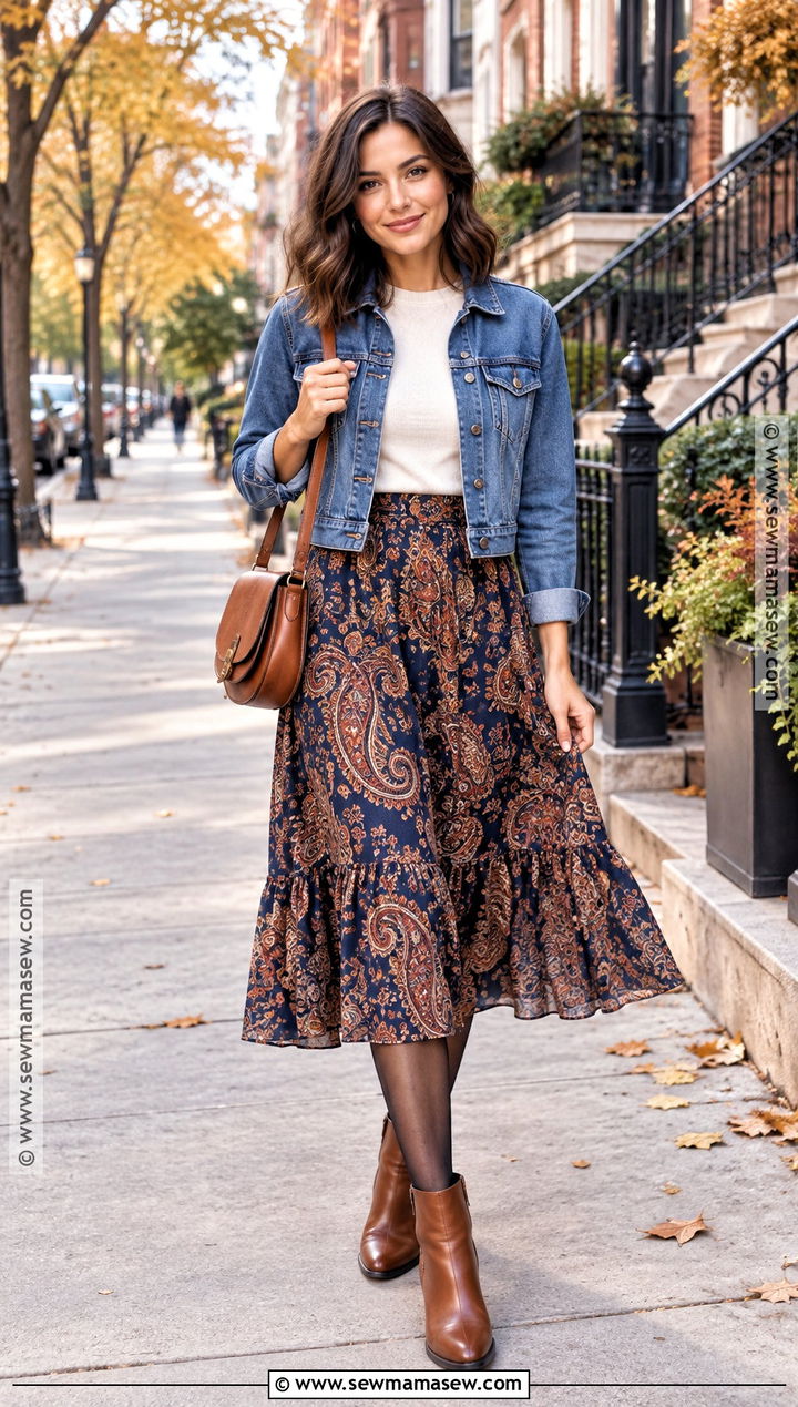 Paisley Boho Midi Skirt With Denim Jacket And Ankle Boots - 15 boho skirt outfit fall ideas