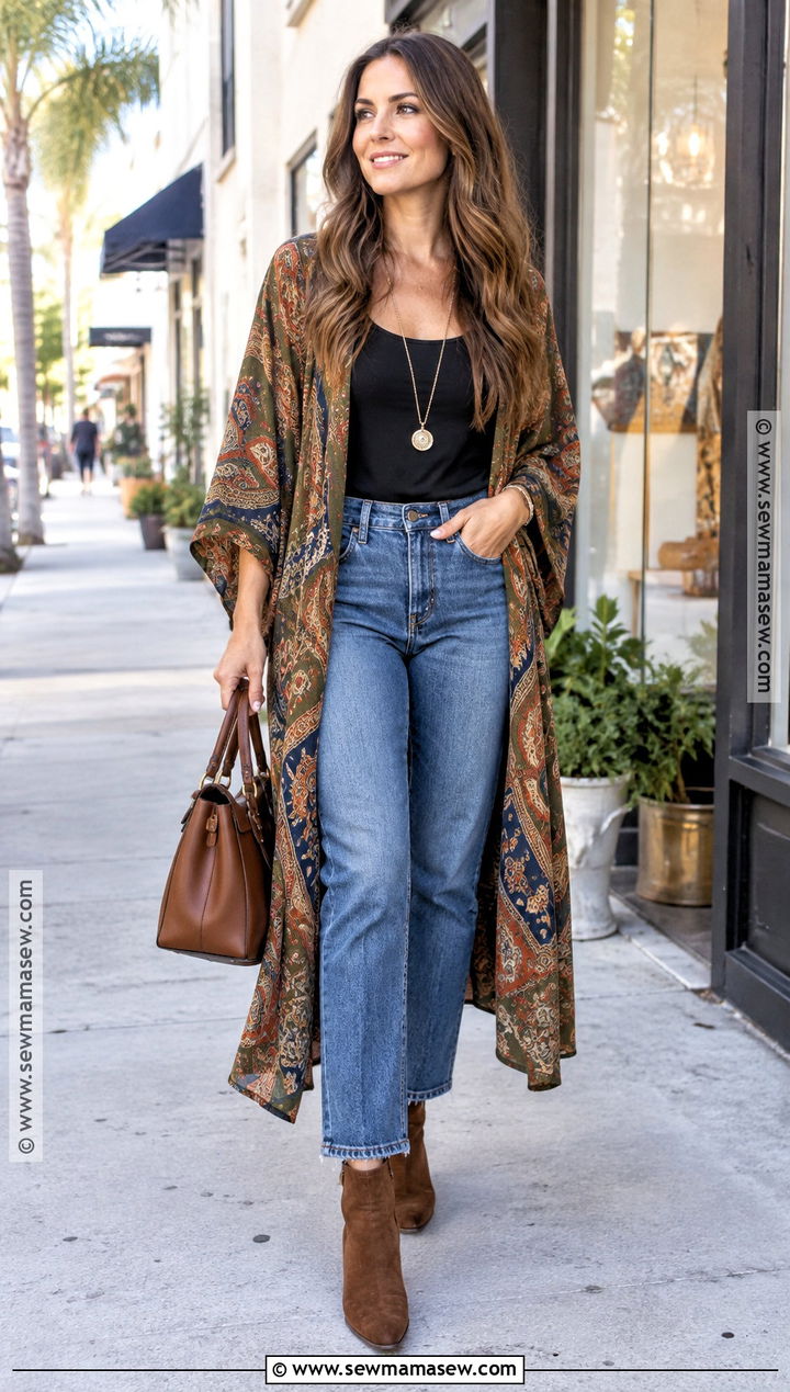 Paisley Kimono With Straight Leg Jeans - 15 Autumn Paisley Fashion Ideas