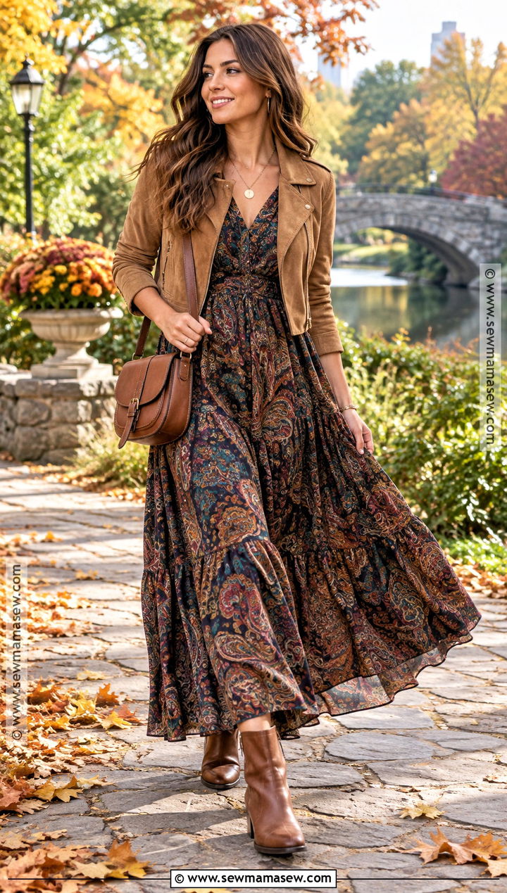 Paisley Maxi Autumn Dress With Suede Jacket - 25 autumn dress ideas