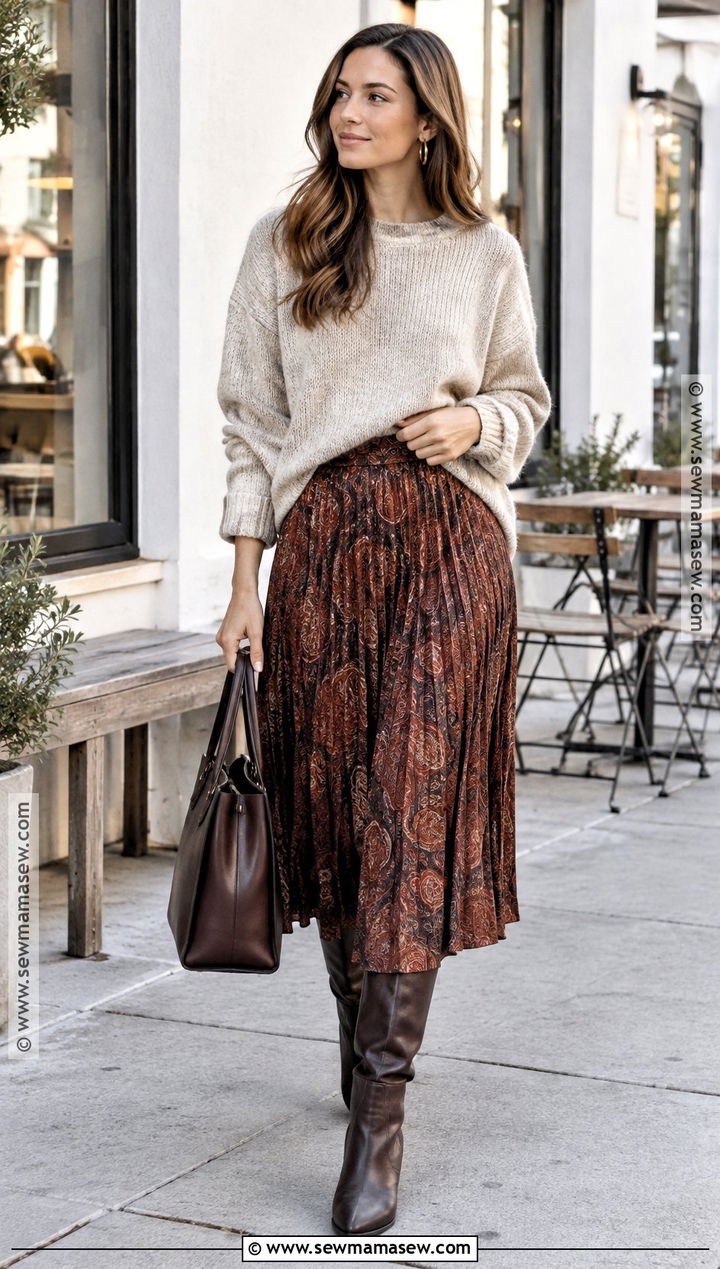 Paisley Midi Skirt With Chunky Sweater - 15 Autumn Paisley Fashion Ideas