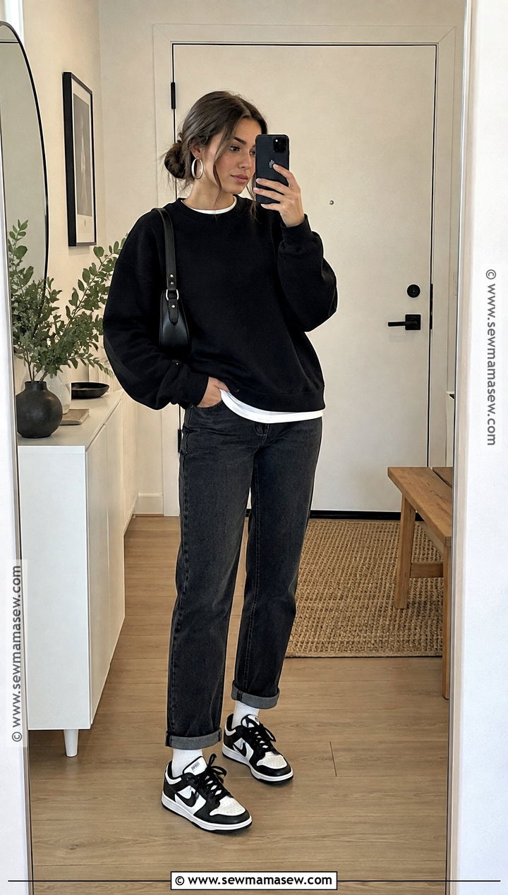 Panda Dunks With Black Sweatshirt And Dark Jeans - 15 panda dunks outfit fall ideas