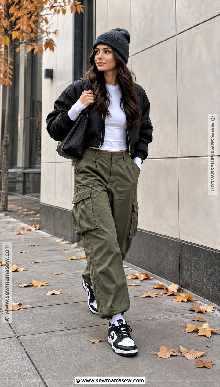 Panda Dunks With Bomber Jacket And Cargo Pants - 15 panda dunks outfit fall ideas