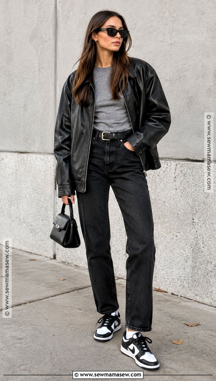 Panda Dunks With Leather Jacket And Black Jeans - 15 panda dunks outfit fall ideas