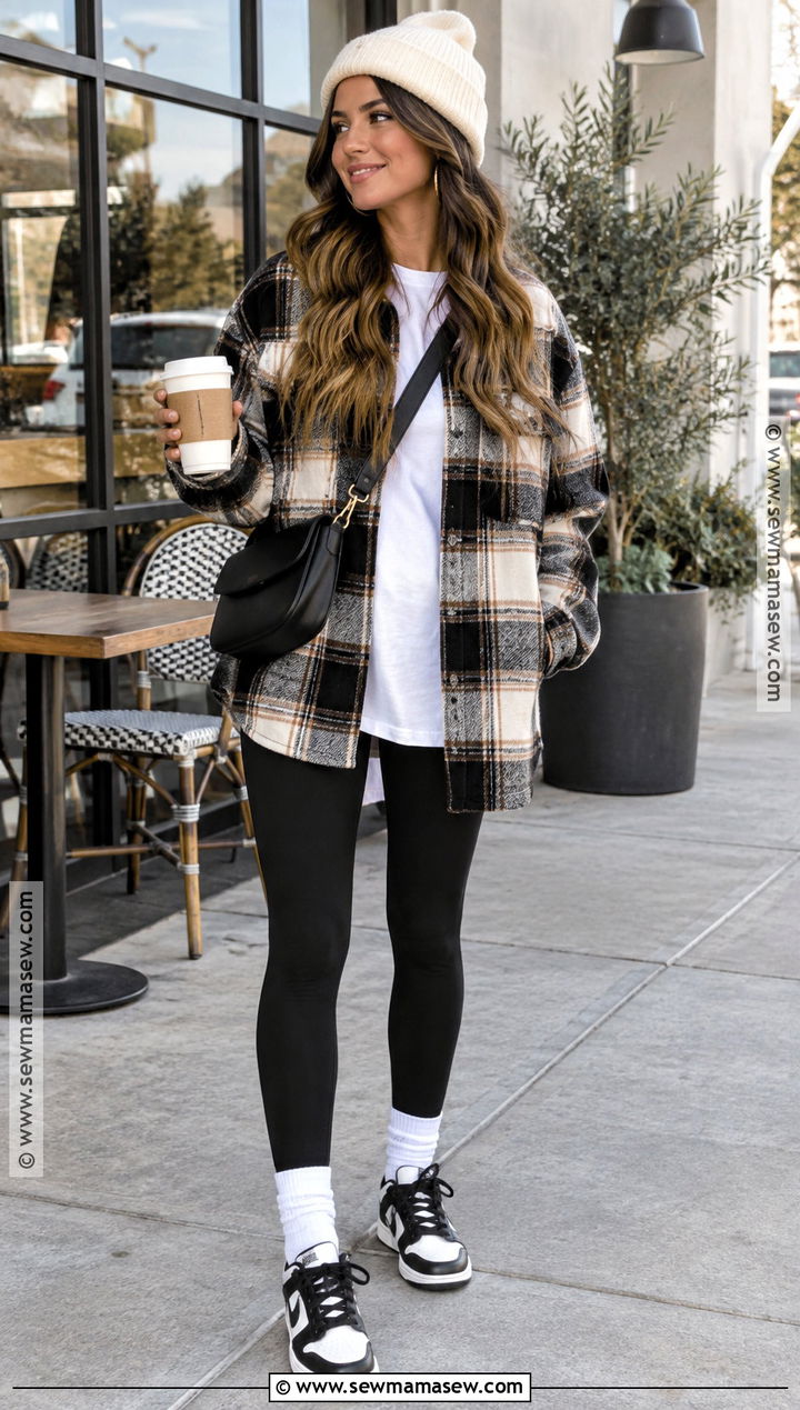 Panda Dunks With Plaid Shacket And Ribbed Leggings - 15 panda dunks outfit fall ideas