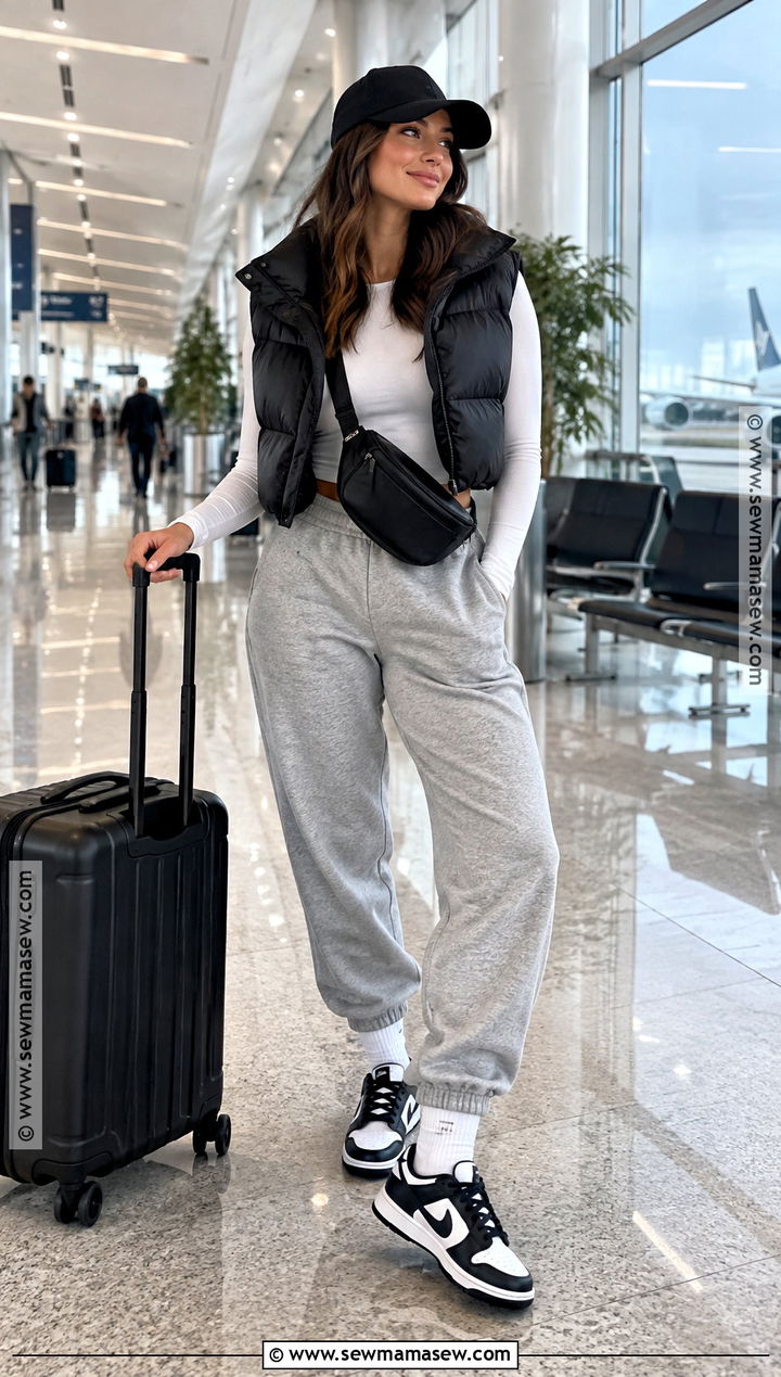 Panda Dunks With Puffer Vest And Gray Joggers - 15 panda dunks outfit fall ideas