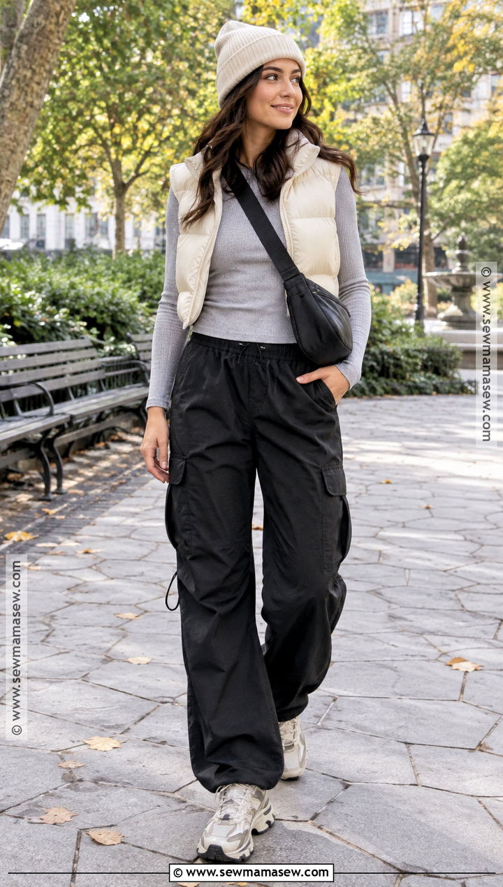 Parachute Cargo Pants With Puffer Vest - 15 Cargo Pants Outfit Fall Street Styles