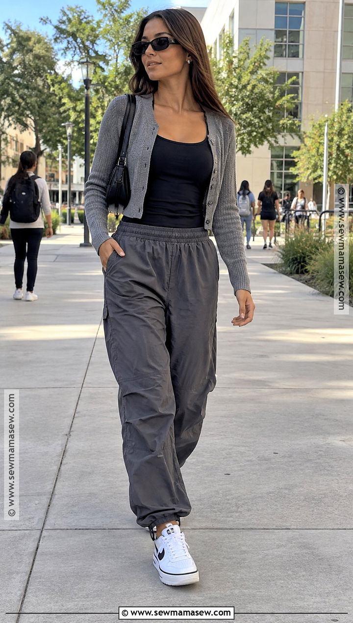 Parachute Pants And Cropped Cardigan Outfit - 15 edgy back to school outfits