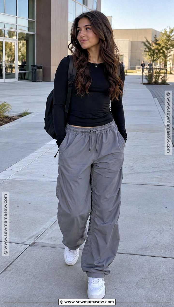 Parachute Pants And Long Sleeve Top School Outfit - 20 cute back to school outfits highschool baddie ideas
