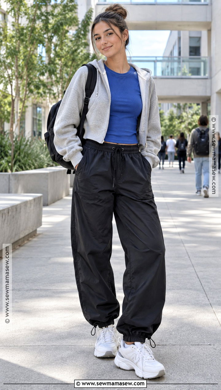 Parachute Pants With Fitted Tee and Chunky Sneakers - 20 back to school pants