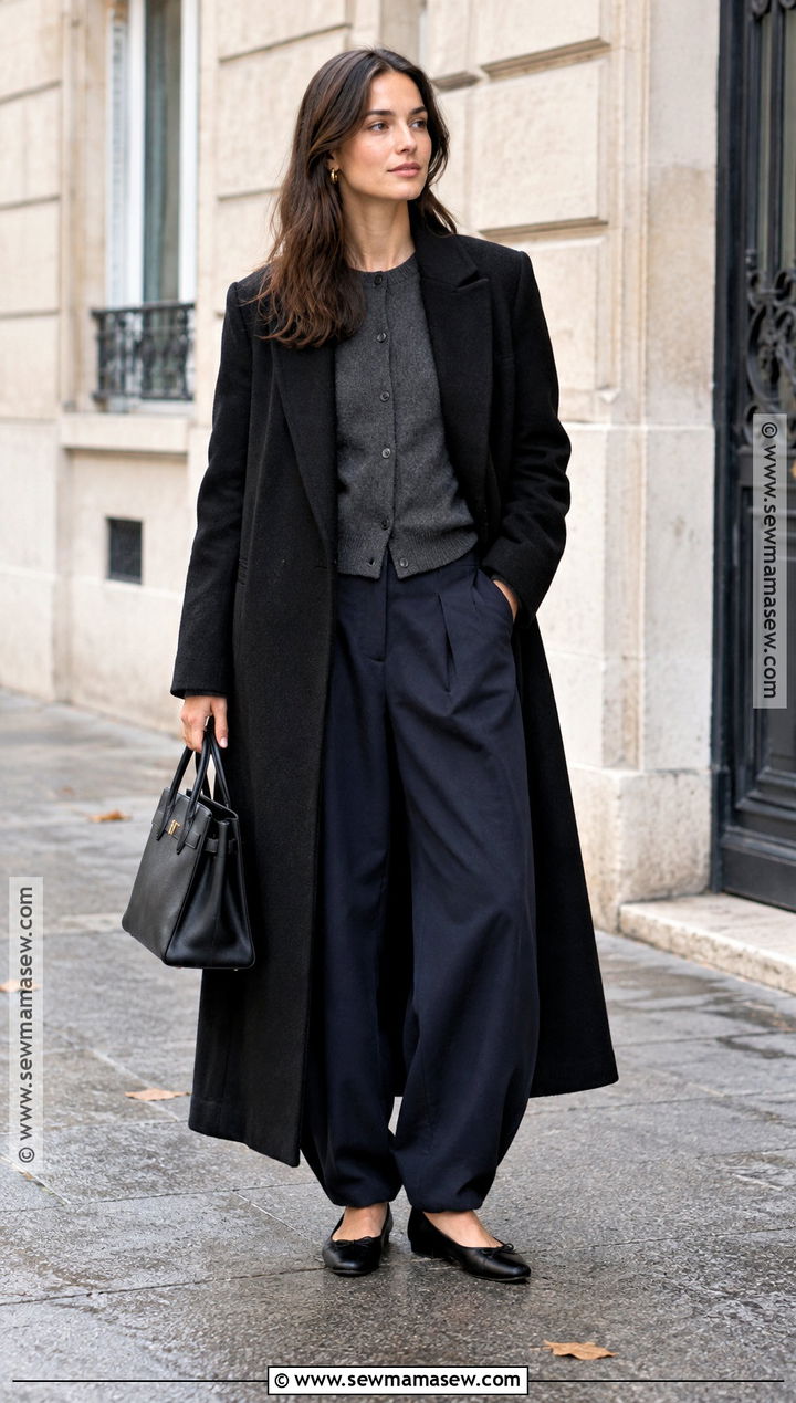 Paris Autumn Black Coat Outfit With Balloon Trousers - 25 paris outfit autumn ideas