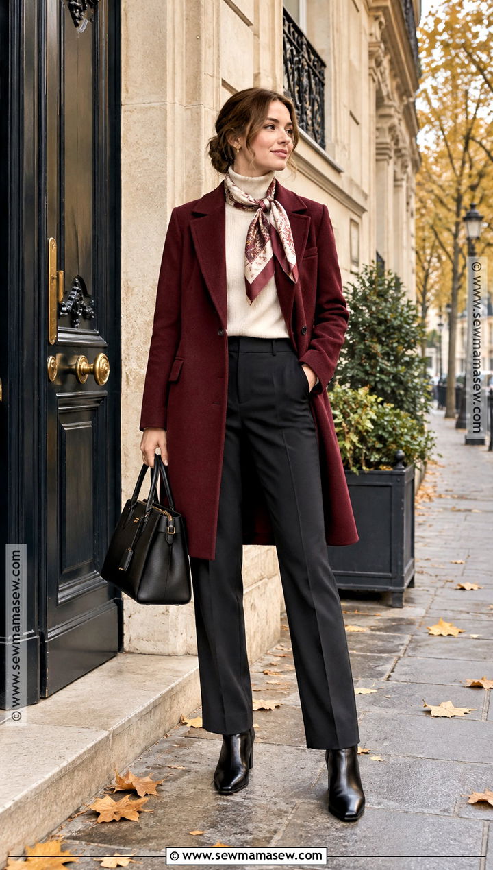 Paris Autumn Burgundy Coat Outfit With Black Trousers - 25 paris outfit autumn ideas
