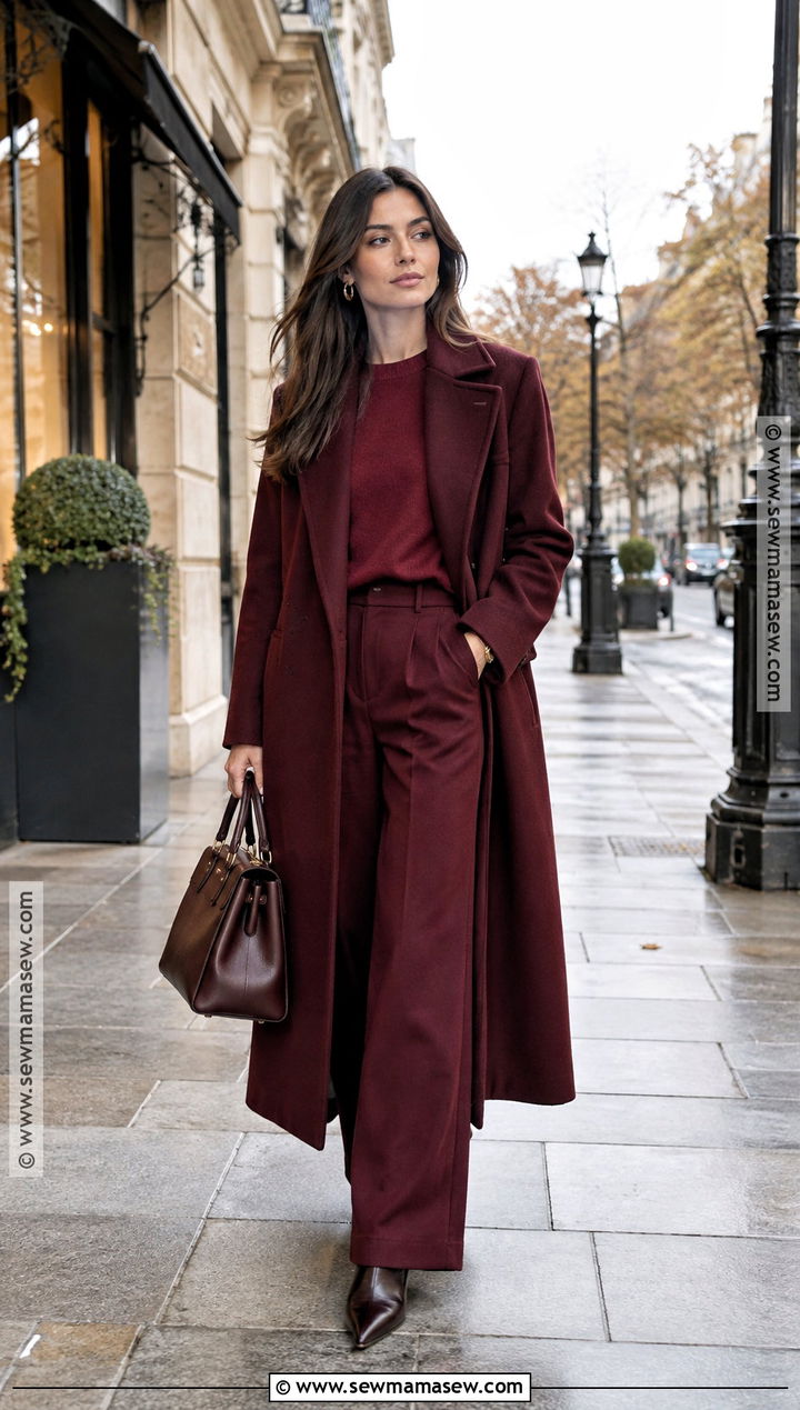 Paris Autumn Burgundy Monochrome Outfit - 15 paris autumn style ideas