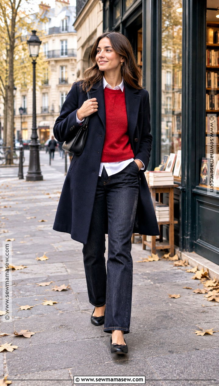 Paris Autumn Red Sweater Outfit With Dark Denim - 25 paris outfit autumn ideas