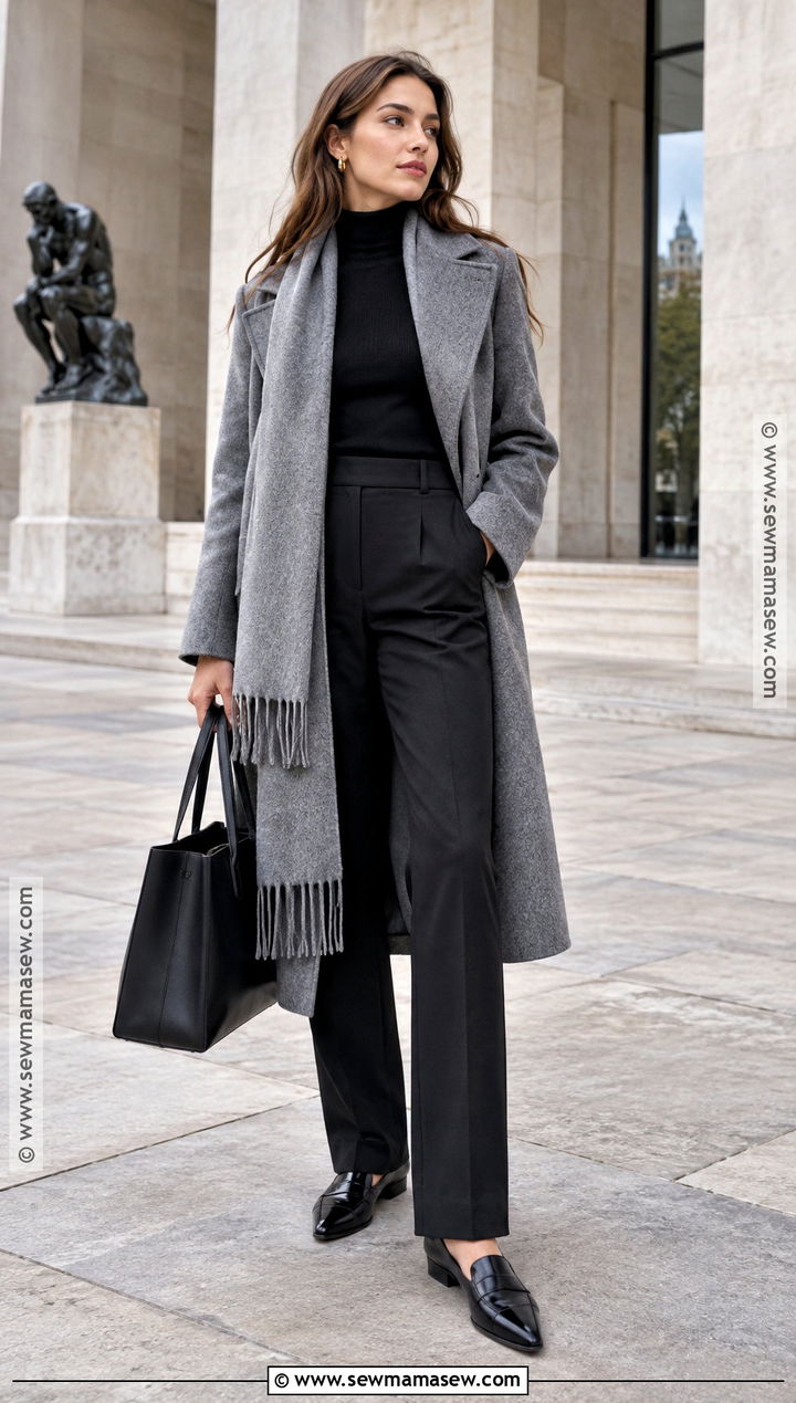 Paris Autumn Scarf Coat Outfit With Tailored Trousers - 25 paris outfit autumn ideas