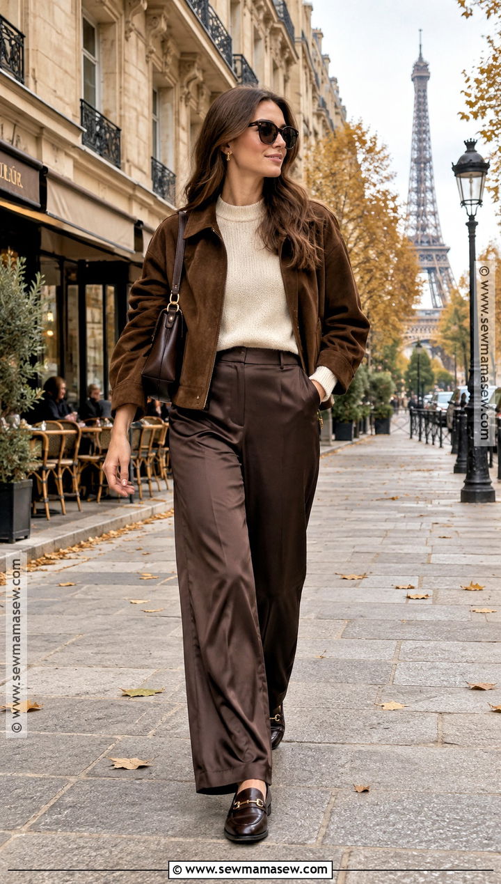 Paris Autumn Suede Jacket Outfit With Satin Trousers - 25 paris outfit autumn ideas