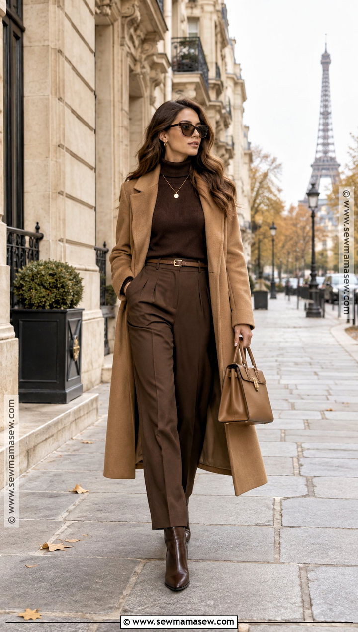 Paris Brown Monochrome Outfit With Coat And Trousers - 15 paris outfits for fall
