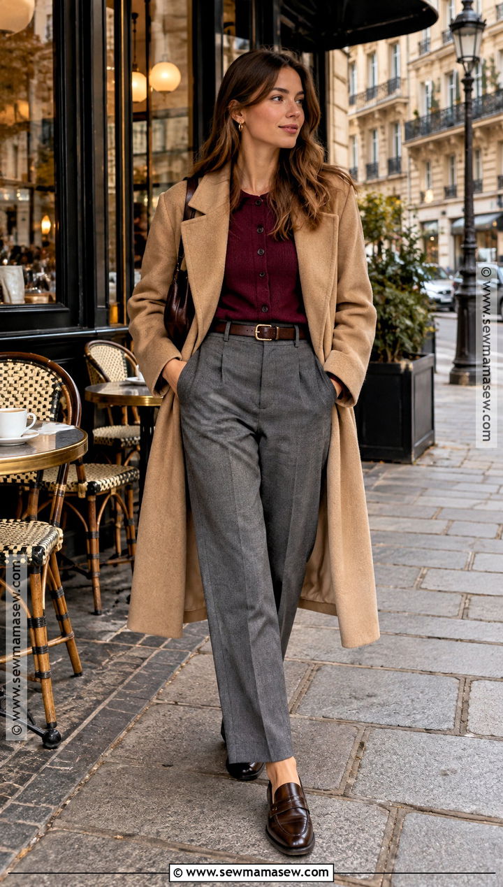 Paris Burgundy Cardigan Outfit With Gray Trousers - 20 Paris In October Outfits for Women