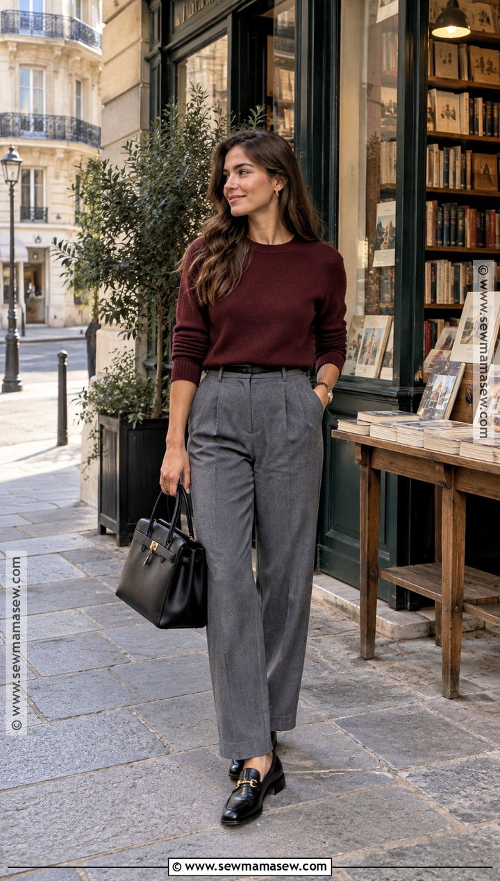 Paris Burgundy Sweater With Gray Trousers - 25 paris september outfits