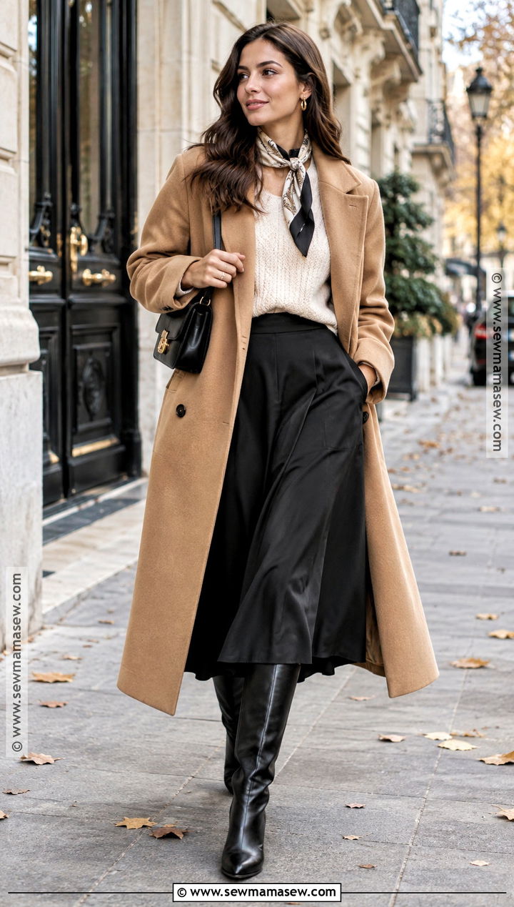 Paris Camel Coat Outfit With Sweater And Midi Skirt - 15 paris outfits for fall