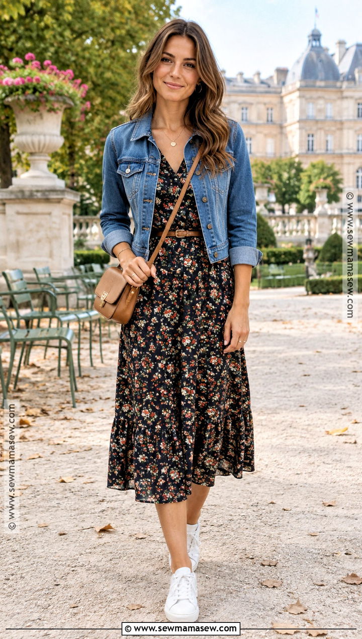 Paris Denim Jacket With Floral Midi Dress - 25 paris september outfits