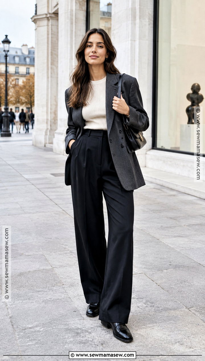 Paris Fall Blazer And Wide Leg Trousers Outfit - 20 Fall Outfits Paris