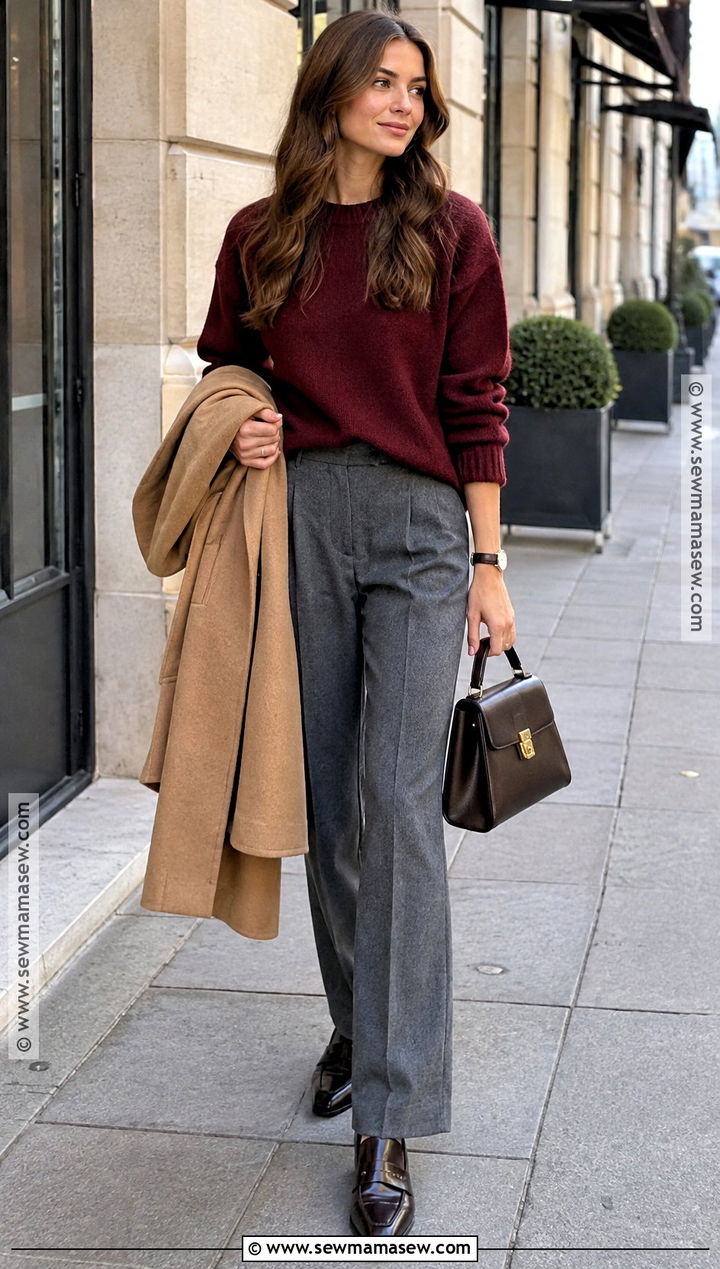 Paris Fall Burgundy Sweater And Gray Trousers Outfit - 15 paris fall outfits 2026