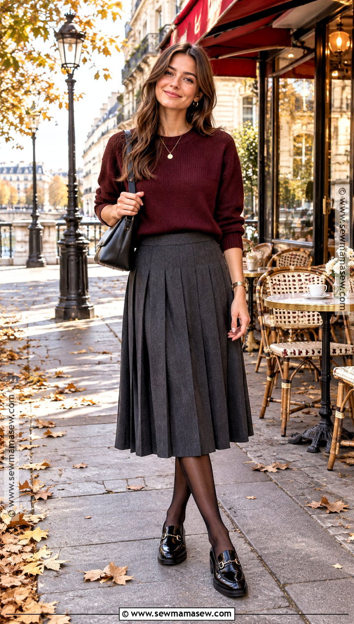 Paris Fall Burgundy Sweater and Gray Skirt Outfit - 20 paris in the fall outfits
