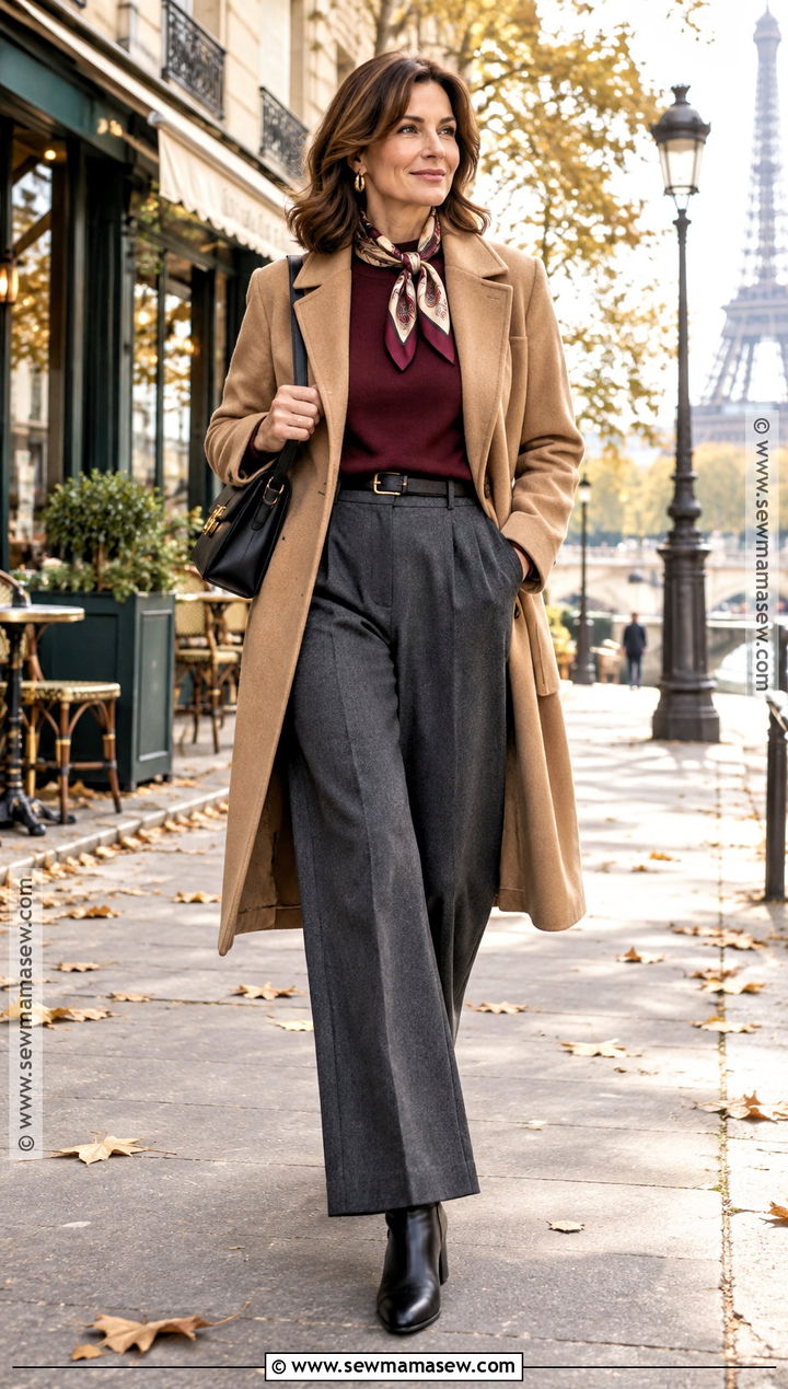 Paris Fall Burgundy Sweater and Gray Trousers Outfit - 20 Paris Fall Outfits Travel