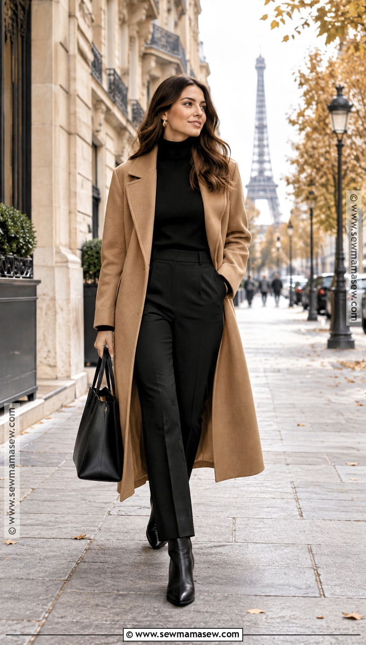 Paris Fall Camel Coat And Monochrome Black Outfit - 20 fall in paris outfit ideas