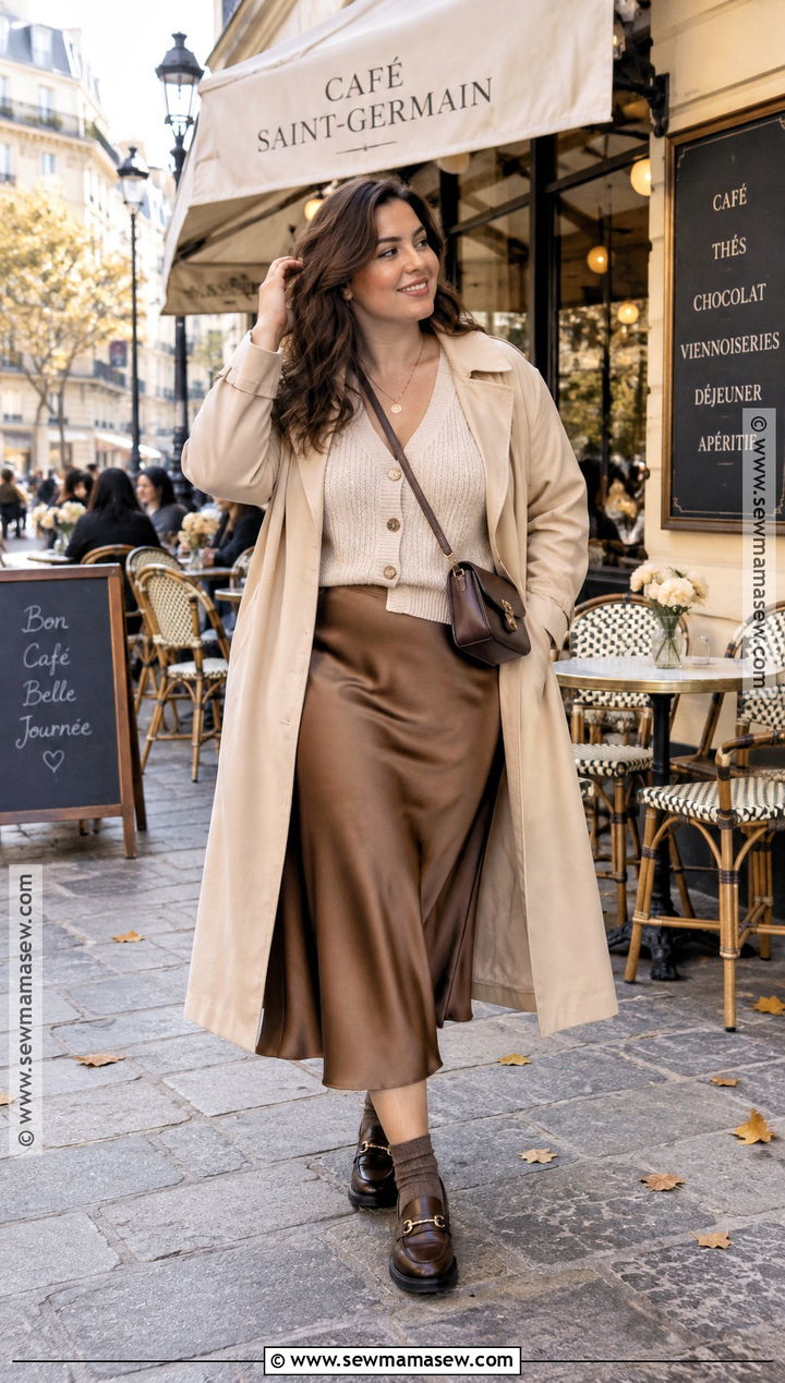 Paris Fall Cardigan and Satin Midi Skirt Outfit - 20 Paris Fall Outfits Travel