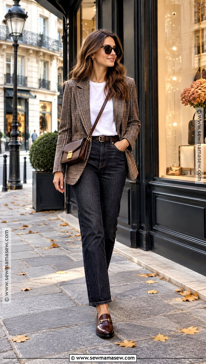 Paris Fall Check Blazer and Dark Jeans Outfit - 20 paris in the fall outfits