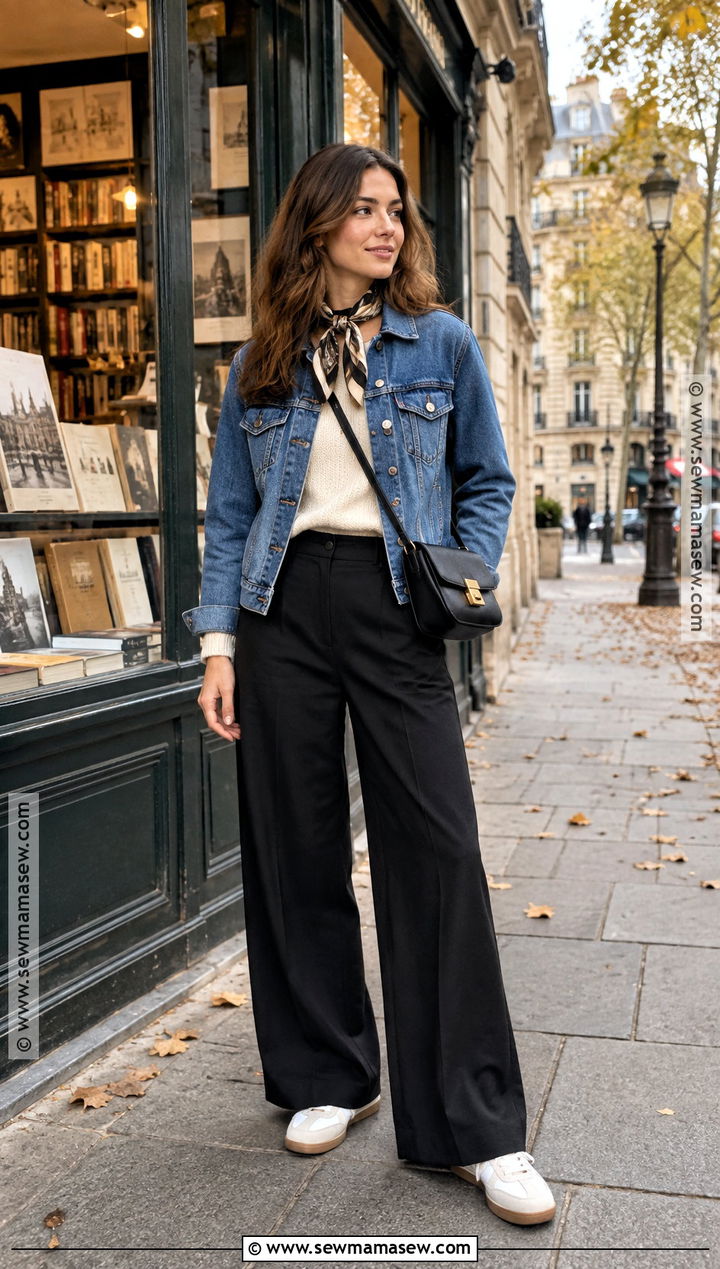Paris Fall Denim Jacket And Black Pants Outfit - 15 paris travel capsule wardrobe fall ideas